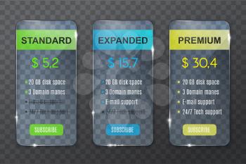 Subscription plan price table, website price comparison and purchase options. Vector transparent subscription plan columns Standard, Expanded and Premium with product features and dollar price
