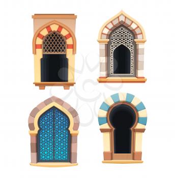 Windows of arabian castle or fortress interior vector design. Cartoon arched window apertures with carved lattices, decorated with arabesque pattern and islamic ornament, oriental architecture