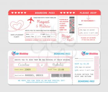 Boarding pass tickets, wedding invitation vector template. Plane travel cards, airline flight coupons or fly passports with RSVP layouts, airplanes and hearts, wedding invite and marriage vacation