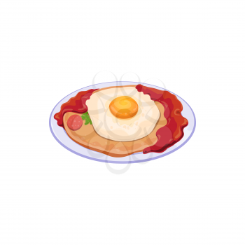 Fried egg on corn tortilla huevos rancheros on plate isolated mexican cuisine food. Vector breakfast dish consisting of eggs served in raditional large mid-morning fare with tomato-chili sauce
