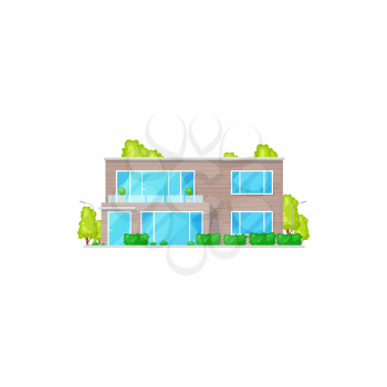 Patio facade exterior isolated chalet building, two-storied house realistic icon. Vector country villa facade, panoramic windows and green trees. Chalet country contemporary building townhouse