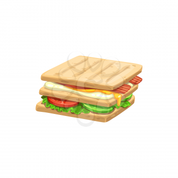 Sandwich, fast food menu icon, snacks and street food vector isolated meals. Fastfood restaurant or street food bistro delivery and takeaway lunch meals, sandwich with egg, cheese and bacon meat