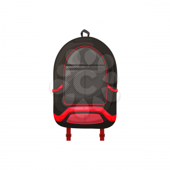 Kids schoolbag isolated vector icon, cartoon rucksack of black color with red decorative elements. Student or hiking backpack, touristic knapsack or school bag on white background