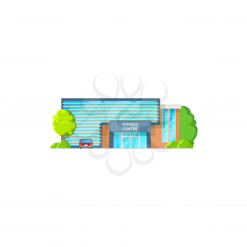 Modern gymnastic center, sport activities structure isolated cartoon icon. Vector sport gym city architecture building front view glass facade, green trees. Urban training gymnastic center with trees