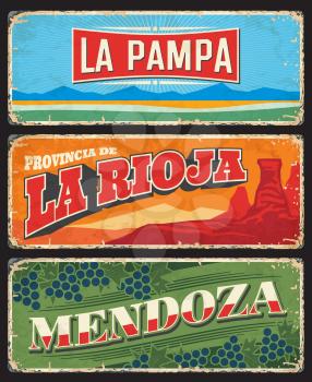 La Pampa, La Rioja and Mendoza provinces and regions of Argentina vector vintage plates. Talampaya canyon, Pampas lowland nature landscape and wine grapes old tin banners, Argentine travel design