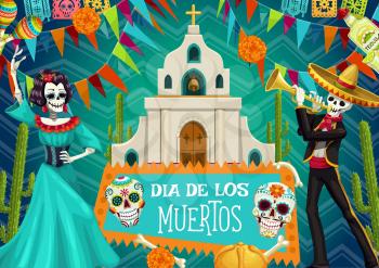 Day of Dead Mexican party, Dia de los Muertos poster. Vector dead man and woman skeletons dancing, at church with cross, skeleton bones and calavera skull, marigold flowers and cactus