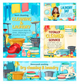 Home cleaning and house service in floor mopping and laundry washing. Vector housewife with laundry detergents, vacuum cleaner and sewing machine, ironing clothes and polishing window glass