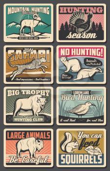 Hunting open season and wild animals poaching warning vintage posters. Vector hunter cub outdoor adventure, wildfowl bird, African safari cheetah and buffalo hunt, no hunting and squirrel feeding sign