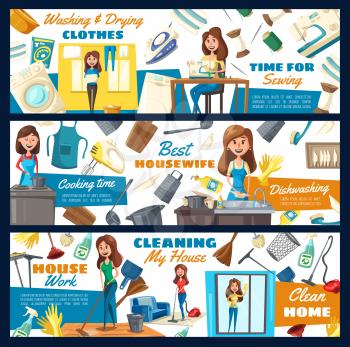 Home cleaning service, laundry and dishwashing, home needlework. Vector professional housewife and housekeeping service, floor mopping and window glass polishing, clothes ironing and sewing