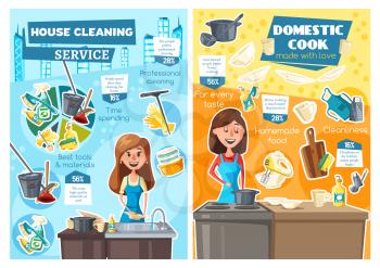 House cleaning and home cooking service vector posters of housework and household chores design. Women chef and maid washing dishes and preparing dinner in kitchen with gloves, sponge and pots