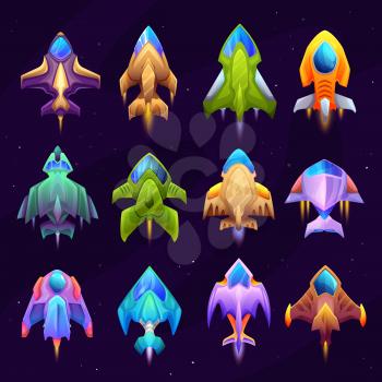 Cartoon starship, spacecraft and spaceship icons. Vector rockets, fantasy vehicles for travel in outer space. Futuristic shuttles, design elements for gui games. Isolated starships game asset