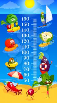 Kids height chart cartoon vegetables on summer beach leisure, growth meter. Happy vector veggies characters broccoli, radish and eggplant with tomato sailing, tanning at sea shore, swimming in ocean