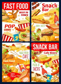 Fast food restaurant, burger cafe and snack bar menu vector design. Hamburger, hot dog and pizza, fries, chicken nuggets and bbq legs, soda, popcorn and sandwiches, Mexican tacos and Chinese noodles