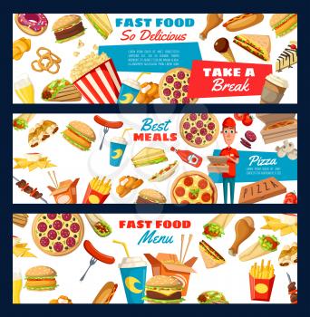 Fast food menu, snacks and drinks. Vector pizza, burger and sandwich, hot dog and soda. Pizza and snacks delivery man, popcorn, cheeseburger and hamburger, desserts and coffee, onion rings and nuggets