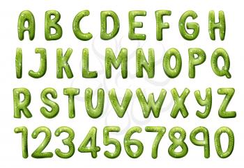 English or Latin alphabet from A to Z and numbers. Vector kiwi tropical fruit font, glossy typeface, complete ABC. Uppercase letters and numerals, exotic green food with seeds, tasty dessert font