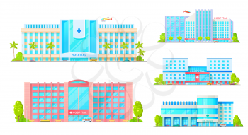Hospital buildings isolated medical treatment establishments. Vector clinics facade, exterior with emergency transport, plane and car, parking zone, trees. Healthcare and medical diagnostics, urgency
