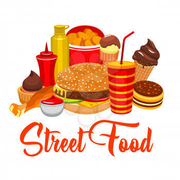 Fast food snacks and drinks, restaurant and street food. Vector cheeseburger or hamburger, french fries with chocolate ice cream, chicken leg grill and soda or coffee drink, ketchup and mustard