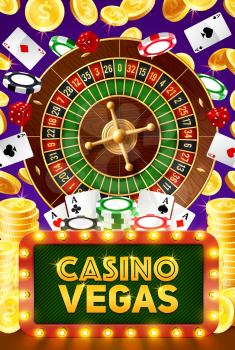 Vegas casino poker gambling game, roulette, jackpot big win and playing cards. Vector poker cards, wheel of fortune, gamble chips and golden coins, game dice in neon sign