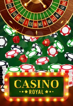 Casino poker, roulette, dice and chips with golden stars. Vector casino neon light bulb signage, royal poker game gamble and jackpot big win cash