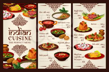 Indian cuisine food menu, traditional India restaurant dishes. Vector dollar price menu for curry rice, hot tomato soup and spinach potatoes, vegetable jalfrezi, dahi papdi and bughi bajor salad