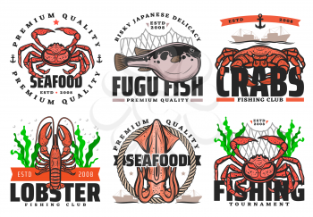 Fishing club, seafood and big fish catch tournament icons. Vector fisher equipment tackles, rod and lures for sea crab, ocean lobster, squid and Japanese fugu fish, fishery boat ships and net