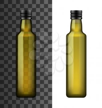Bottle of extra virgin olive oil or vinegar isolated on white and transparent. Vector glass container with cover in realistic design. Organic salad dressing, linseed or sunflower oil, vegetarian food