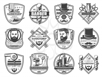 Barbershop haircut and shaving, cut, shave and trim isolated monochrome icons. Vector men salon signs and barber shop service icons. Pole signage, gentleman hat and razor blade, scissors and perfumes