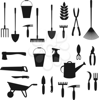 Garden tool and lawn care equipment black silhouettes of gardening and agriculture vector design. Shovel, rake and fork, plant, watering can and wheelbarrow, trowel, spade, scissors and pitchfork