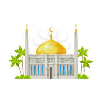 Muslim mosque building icon. Islam religion temple, arabian culture architecture cartoon vector building exterior front view with crescents on minaret towers and golden dome, palm trees