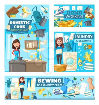 Housework, laundry and house cleaning, cooking, sewing and ironing vector design of household chores and cleaning service. Housewife or maid with washing machine, iron, broom and mop, kitchen utensils