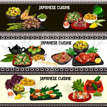 Japanese meat, seafood and vegetable dishes with vector sushi rolls, kobe beef and clam salad, chicken and pork stew with miso sauce, daikon, bamboo sprouts and cucumber. Asian restaurant banners