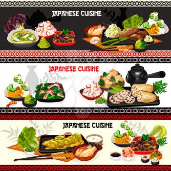 Japanese food vector banners of seafood dishes with vegetables, fish and meat. Salmon sushi rolls, chicken and eggplant stews, shrimp asparagus, cabbage pork and lotus root salads with miso sauce