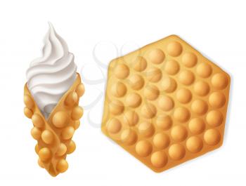 Ice cream cone and Hong Kong bubble waffle vector design of sweet food. Soft serve vanilla icecream swirl with egg puff wafer isolated on white background