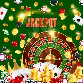 Wheel of fortune, jackpot, casino poker cards and golden coins win splash. Vector roulette, dice and chips. Vegas royal poker game gamble cards, golden crown and sparkles shine