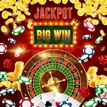 Wheel of fortune jackpot big win, casino poker club cash golden coins splash. Vector gambling roulette, dice and chips, Vegas and Texas royal poker game gamble on neon light bulb sign