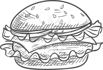 Hamburger or cheeseburger isolated burger sketch. Vector fastfood bun with cheese, chop and lettuce