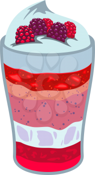 Raspberry dessert isolated layered fruit yogurt mousse. Vector glass cup with panna cotta or smoothie