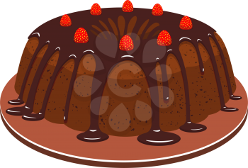 Cake with chocolate topping and strawberries isolated sweet bakery food. Vector cocoa dessert on plate