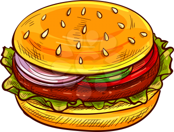 Hamburger isolated fastfood snack. Vector bun with tomato, lettuce and chop, cheese and sesame