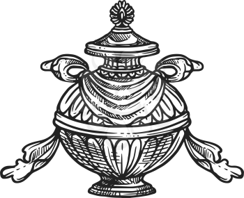 Buddhism religious symbol, bumpa vase. Buddhist worship, Hinduism Dharma religion ritual pumpa vector sketch