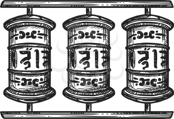 Buddhism religious symbol, prayer wheels. Buddhist Hinduism Dharma religion, temple prayer wheels vector sketch