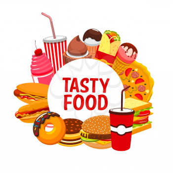 Fast food and street food restaurant meals and snacks menu. Vector fastfood bistro sandwiches, pizza and cheeseburger, Mexican tacos, nachos and burrito, hot dog and ice cream, coffee and soda drinks
