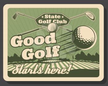 Golf club, premium leisure sport and recreation hobby vintage retro poster. Vector professional golfer players school, golf education and championship tournament, golf ball and stick on putter