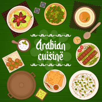 Arabian cuisine meat meals, dishes with vegetables menu cover. Chickpea falafel, hummus and matzah, flatbread lahmacun, beef kebab and rice with onion and pea, sour cream, pickled olives vector