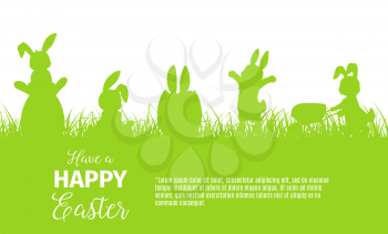 Easter egg hunt bunny or rabbit vector silhouettes of religion holiday design. Hare animals hunting for Easter eggs in spring green grass with basket and wheelbarrow, egghunting party invitation