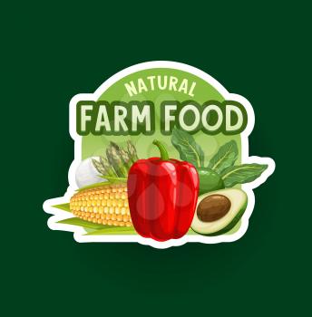 Farm vegetables badge or icon. Organic food vector icon with bell pepper, corn, avocado and spinach green leaves with asparagus veggies. Natural farmer production, eco market healthy food label