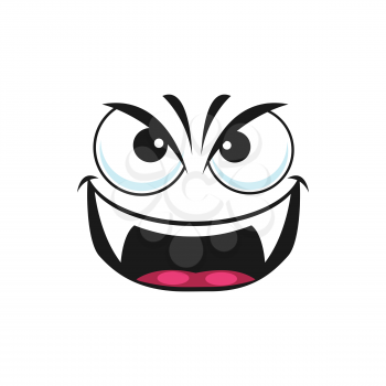 Angry emoticon vampire with fangs teeth and open mouth isolated emoji icon. Vector smiley Halloween demon, cheerful spooky creature head. Cute comic dracula, monster with emotion of evil and fear