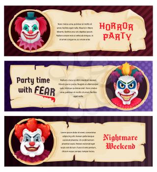 Horror party clown in scary mask of monster, Halloween night vector banners. Nightmare weekend dead zombie party flyers with circus clown and blood teeth, grim skull or evil creepy, face in red wig