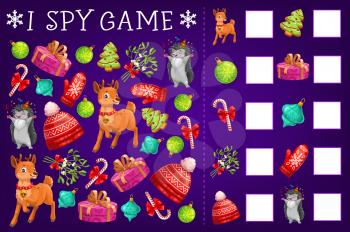 I spy game or children education puzzle with vector Christmas gifts and reindeer. Mind game, riddle or school book worksheet template of find and count cartoon pictures of Xmas present boxes and balls