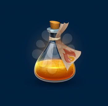 Witchcraft glass potion bottle with fire elixir. Magic potion vial, chemistry element jar with hot, boiling liquid, cork and fire symbol on parchment tag. Fantasy game magical object UI icon